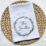 Christmas personalized wreath kitchen towel gift for a couple, custom made holiday tea towel gift for family, wreath towel gift