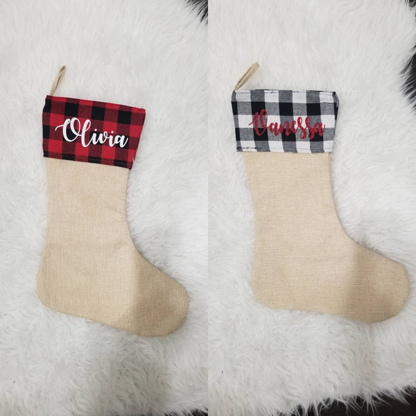 Personalized Christmas stockings, Personalized Christmas gifts, Matching family Christmas stockings, red buffalo plaid burlap stockings