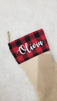 Personalized Christmas stockings, Personalized Christmas gifts, Matching family Christmas stockings, red buffalo plaid burlap stockings