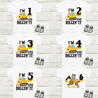 Construction birthday shirt, I'm 2 and digging it shirt, excavator birthday shirt, custom made birthday shirt for kids