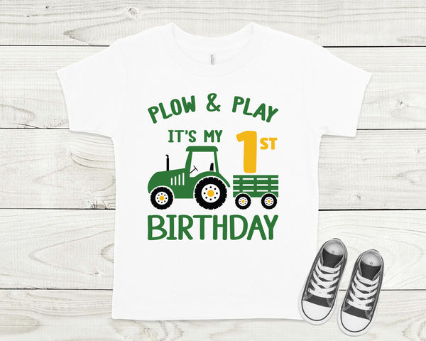 Plow and Play birthday shirt, tractor birthday shirt, farm theme birthday shirt, custom shirt for kids