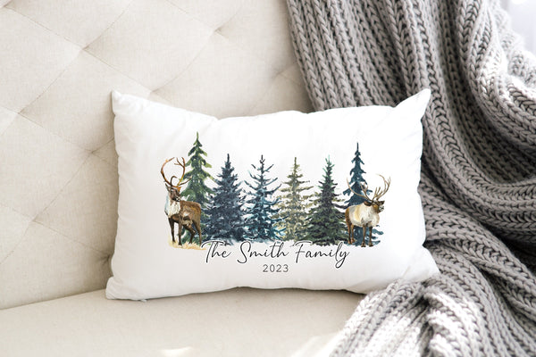 Personalized Christmas pillow gift, winter pillow, deer pillow, family name Christmas pillow,