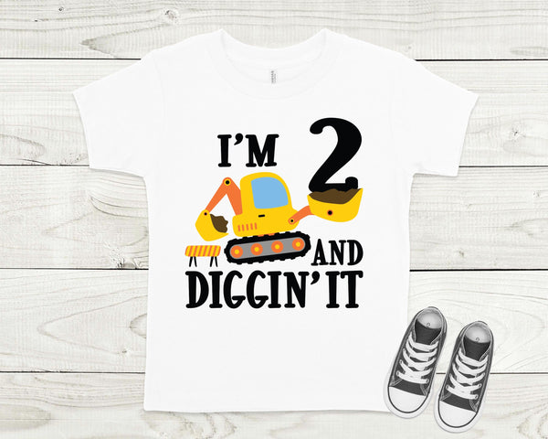 Construction birthday shirt, I'm 2 and digging it shirt, excavator birthday shirt, custom made birthday shirt for kids