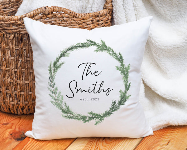 Personalized Christmas wreath pillow gift, family name Christmas pillow, Christmas pillow decor