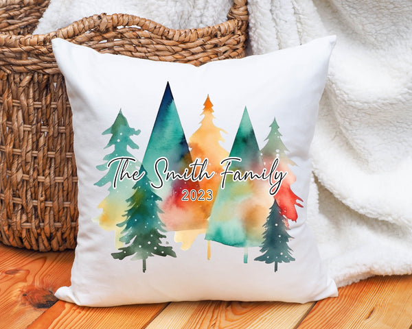 Personalized Christmas rainbow tree pillow gift, family name Christmas pillow, watercolor Christmas tree pillow, Christmas pillow decor