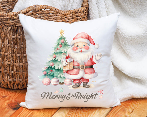 Christmas Merry and Bright cute Santa Claus pillow gift for mom and grandparents, custom made pastel Christmas tree and Santa Claus cushion