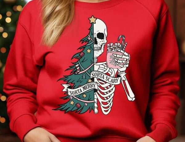 Funny Christmas Skeleton Sweatshirt, Merry and Scary Skeleton Christmas Sweatshirt gift, cozy Christmas sweater gift for her