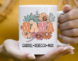 Personalized mama mug, mama mug with kids name, gift for mom, custom made floral mama coffe mug, personalized mother's day gift, mama cup