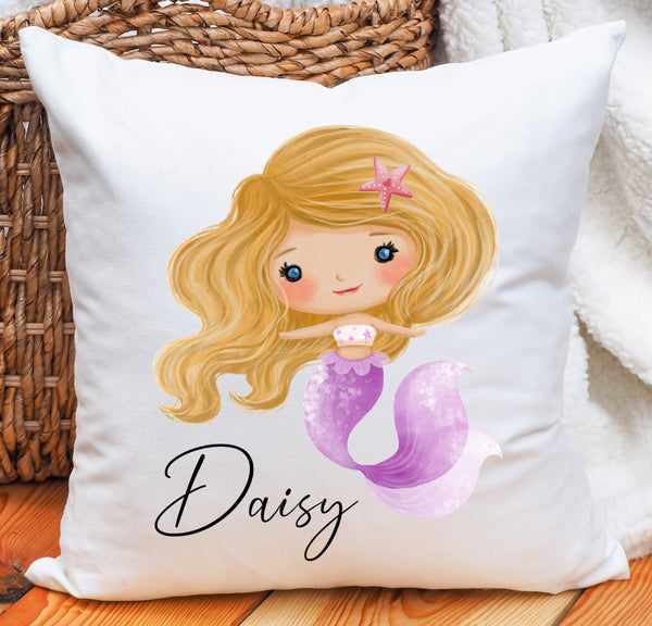 Personalized mermaid pillow, kids girls mermaid cushion, personalized kids pillow, new baby girl gifts, personalized girls nursery cushion