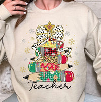 Teacher Christmas tree sweater, pink Christmas coquette teacher shirt, holiday teacher sweater, teacher Christmas matching shirts