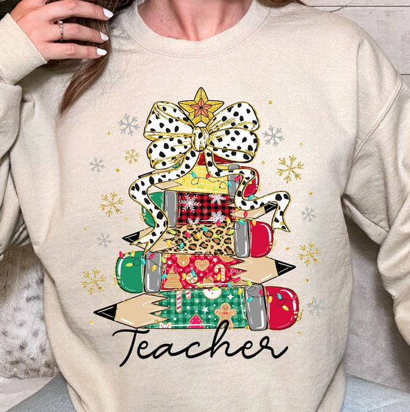 Teacher Christmas tree sweater, pink Christmas coquette teacher shirt, holiday teacher sweater, teacher Christmas matching shirts