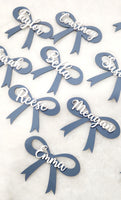 Personalized acrylic bow name plate placement cards, name place settings, personalized party flavor name tags, wedding bow place card plate