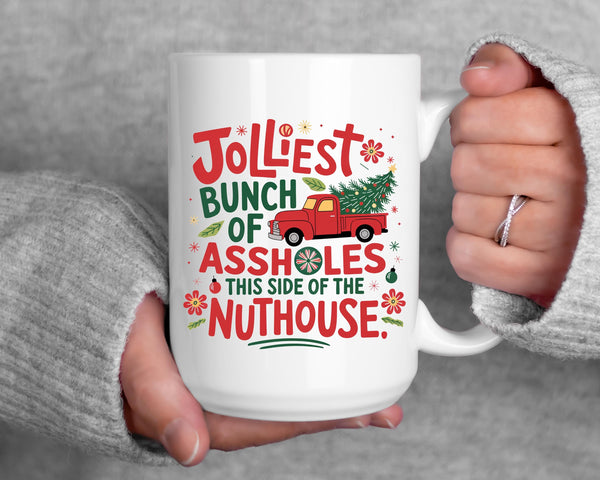 Jolliest bunch of mug, nuthouse mug, funny adult Christmas mug gift for friend, custom christmas mug, retro sarcastic Christmas mug gift