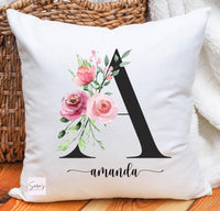 Personalized floral monogram pillow, custom initial Personalization, elegant floral design cushion, customized floral initial pillow cover