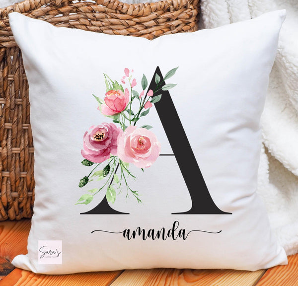 Personalized floral monogram pillow, custom initial Personalization, elegant floral design cushion, customized floral initial pillow cover