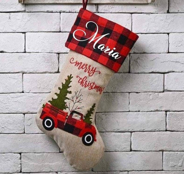 Personalized Christmas stockings, buffalo plaid red truck stocking, Christmas stockings for kids, matching family Christmas stockings