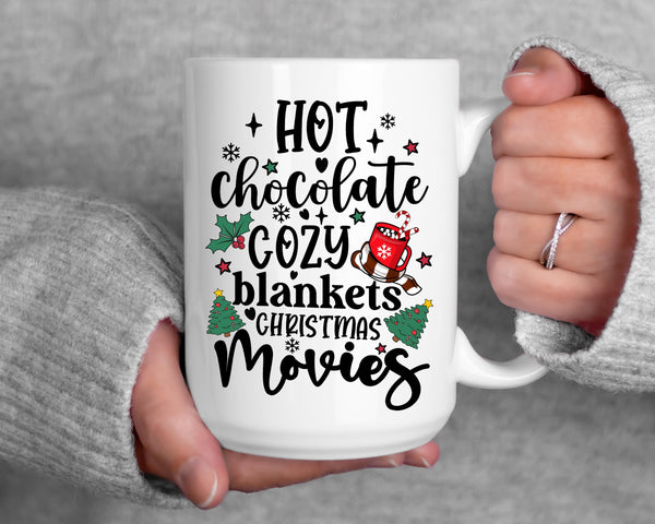 Hot Chocolate Cozy Blankets Christmas Movies watching mug, custom Christmas mug gift, Christmas movies watching matching mugs, Christmas mug