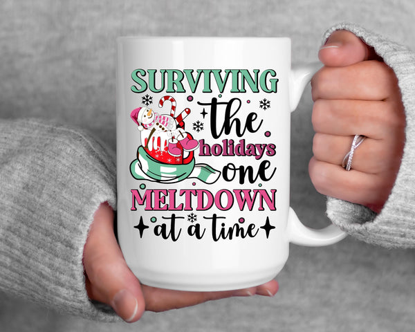 Surviving the Holidays one meltdown at a time Christmas Snowman mug, custom funny Christmas mug gift for mom, Christmas mug gift for friend