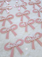 Personalized acrylic bow name plate placement cards, name place settings, personalized party flavor name tags, wedding bow place card plate