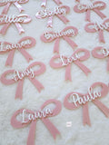 Personalized acrylic bow name plate placement cards, name place settings, personalized party flavor name tags, wedding bow place card plate