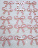 Personalized acrylic bow name plate placement cards, name place settings, personalized party flavor name tags, wedding bow place card plate