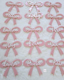 Personalized acrylic bow name plate placement cards, name place settings, personalized party flavor name tags, wedding bow place card plate