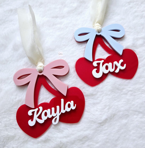 Valentine's Gift Tag, Valentine's Day Cherry Heart Tag, Personalized Kids Acrylic Valentine Basket Name Tag, Custom Valentine's Gift for kid