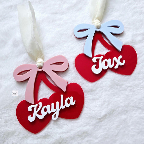 Valentine's Gift Tag, Valentine's Day Cherry Heart Tag, Personalized Kids Acrylic Valentine Basket Name Tag, Custom Valentine's Gift for kid