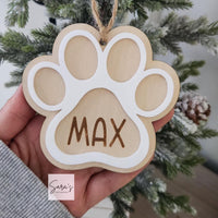 Personalized Christmas pet paw ornament gift with name, custom made pet stocking tag, wood pet ornament, memorial pet dog paw ornament