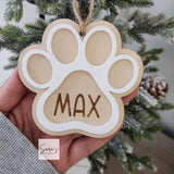 Personalized Pet Paw Christmas Ornament: Engraved Wood Stocking Tag, Paw Print Christmas Ornament, Dog Memorial Christmas Ornament