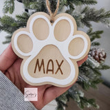 Personalized Christmas pet paw ornament gift with name, custom made pet stocking tag, wood pet ornament, memorial pet dog paw ornament