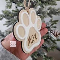 Personalized Christmas pet paw ornament gift with name, custom made pet stocking tag, wood pet ornament, memorial pet dog paw ornament