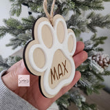 Personalized Christmas pet paw ornament gift with name, custom made pet stocking tag, wood pet ornament, memorial pet dog paw ornament