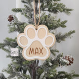 Personalized Pet Paw Christmas Ornament: Engraved Wood Stocking Tag, Paw Print Christmas Ornament, Dog Memorial Christmas Ornament