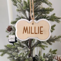 Personalized Christmas pet bone ornament gift with name, custom made pet stocking tag, wood pet ornament, memorial pet dog bone ornament