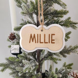 Personalized Christmas pet bone ornament gift with name, custom made pet stocking tag, wood pet ornament, memorial pet dog bone ornament