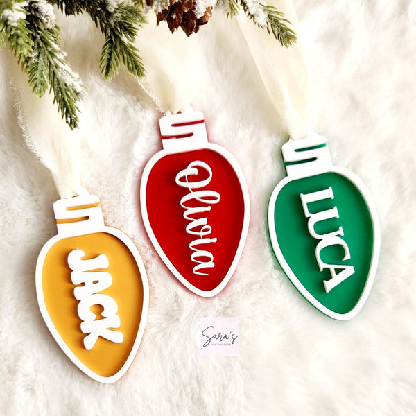 Personalized Christmas stocking tag, Christmas ornament with name, Lightbulb stocking tag, acrylic custom Christmas stocking tag