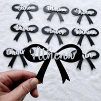 Personalized acrylic bow name plate placement cards, name place settings, personalized party flavor name tags, wedding bow place card plate