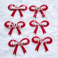 Personalized acrylic bow name plate placement cards, name place settings, personalized party flavor name tags, wedding bow place card plate