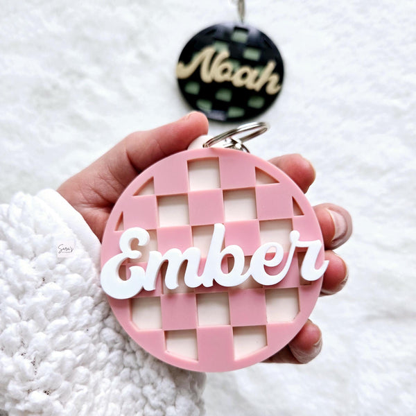 Custom Name Backpack Keychain, Personalized Luggage Tag, Kid's Backpack Tag, Acylic Bag Charm Gift, Checkered Keychain, Diaper bag tag