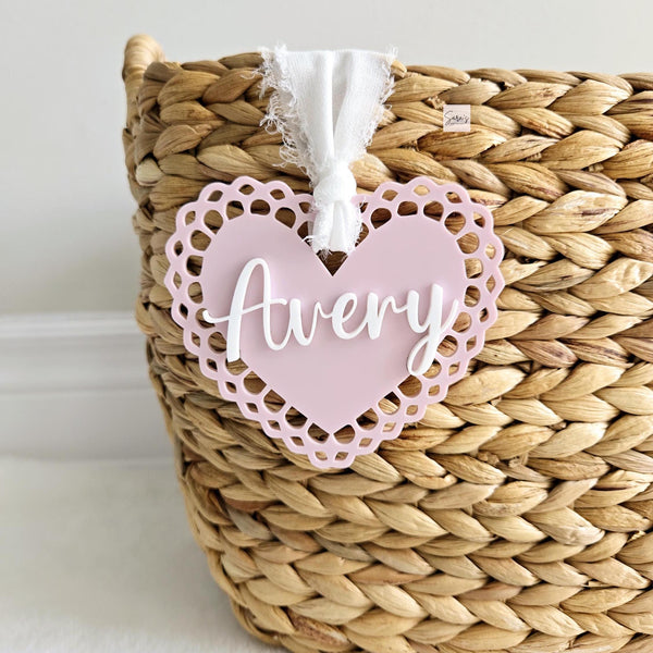Valentine's Day Basket Tag, Personalized Valentine's Heart Shape tag, Acrylic heart name tag, Custom Valentine's basket heart tag gift
