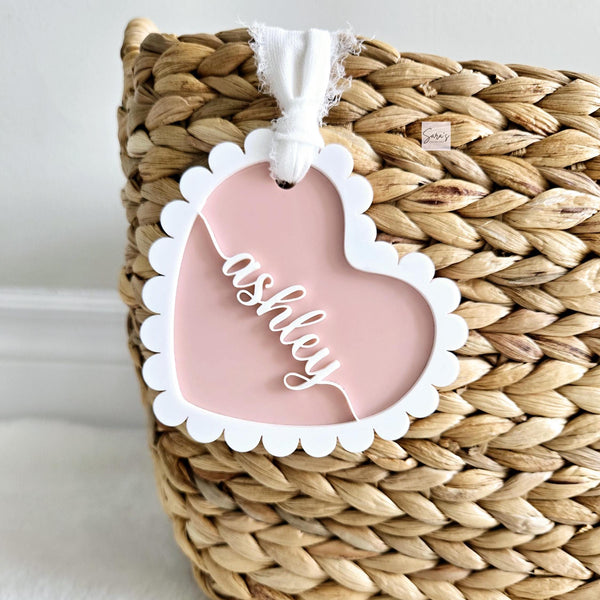 Valentine's Day Basket Tag, Personalized Valentine's Heart Shape tag, Acrylic heart name tag, Custom Valentine's basket heart tag gift