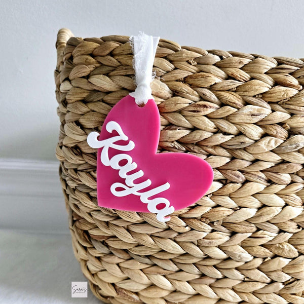 Valentine's Gift Tag, Valentine's Day Cherry Heart Tag, Personalized Kids Acrylic Valentine Basket Name Tag, Custom Valentine's Gift for kid