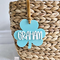 St. Patrick's Day Gift Basket Tag, Shamrock Basket tag, Clover Leaf tag, Personalized Acrylic Shamrock tag, Shamrock with name for kids gift