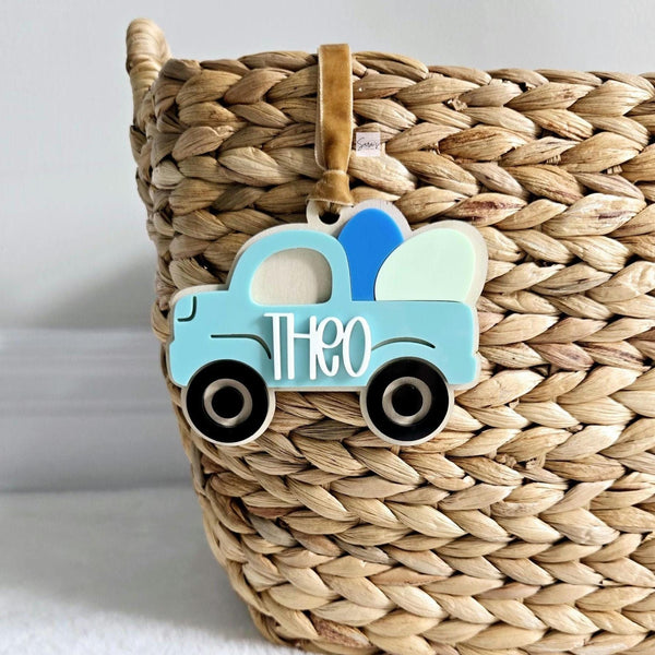 Easter Basket Tag, Truck Easter Basket Acrylic name tag, Easter gift basket name tag, first Easter cute name tag, Kids Easter Gift Tag
