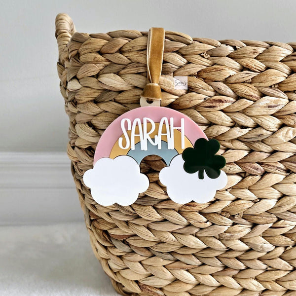 St. Patrick's Day Gift Basket Tag, Rainbow Basket tag, Clover Leaf tag, Personalized Acrylic Rainbow tag, Rainbow with name for kids gift