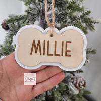 Personalized Christmas pet bone ornament gift with name, custom made pet stocking tag, wood pet ornament, memorial pet dog bone ornament