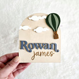 Birth Announcement Wooden Sign, Hot Air Balloon Newborn Baby Name Sign, Hospital Newborn Photo Prop Sign, Personalized custom Baby Shower Gi