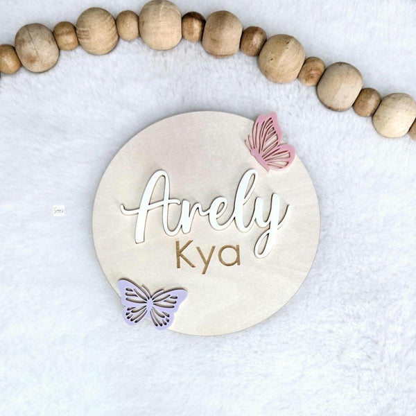 Birth Announcement Wooden Sign, Butterfly Newborn Baby Name Disc, Hospital Newborn Photo Prop Sign, Personalized Baby Shower Gift