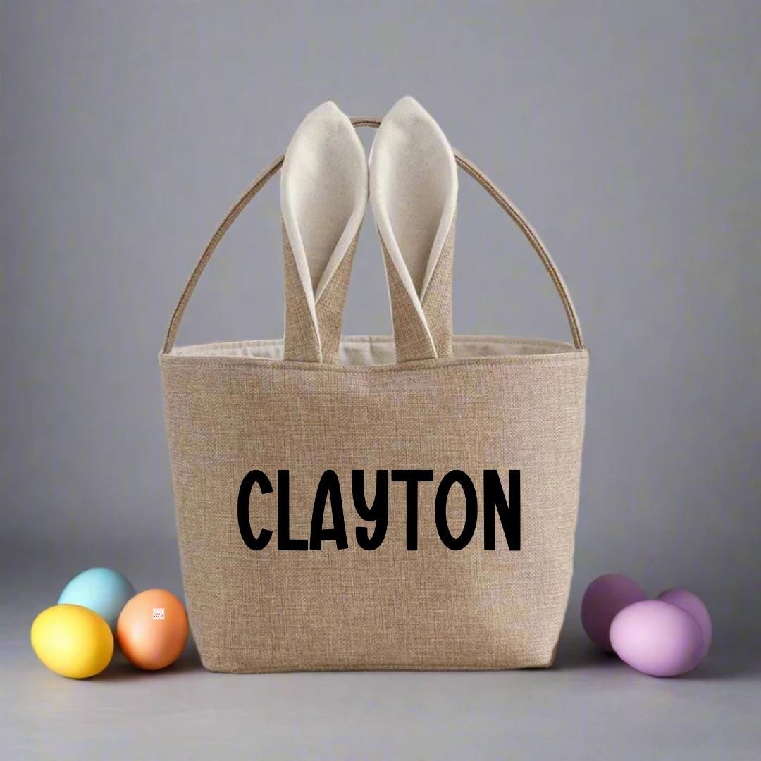 Personalized Easter Basket, Linen Burlap Easter basket with ears and tail, Custom Easter tote bag gift for kids with name, First Easter bag